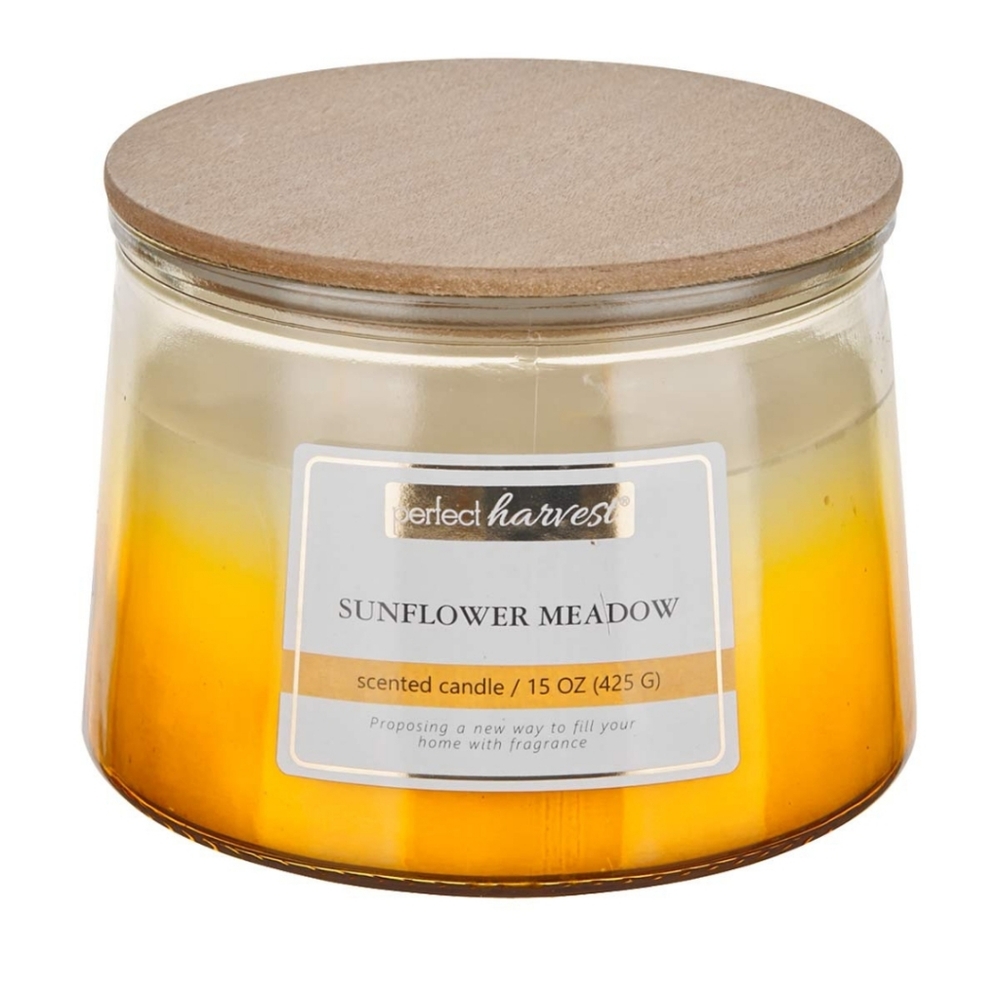 Sunflower Meadow Scented 3 Wick Candle New wooden  Lid 15oz. By Perfect Harvest